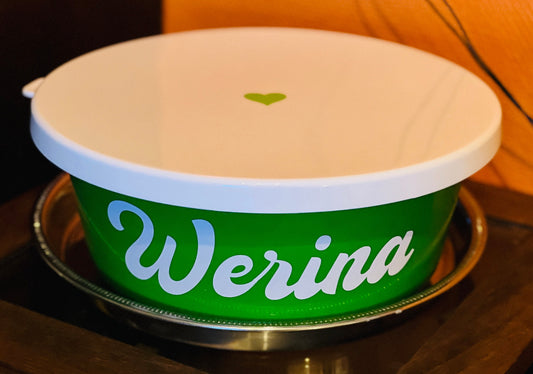 Futterschale grün  6L mit Deckel, personalisiert (Deckel weiss)